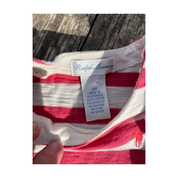 Ralph Lauren Striped T-Shirt Dress Ruffle Hem Red Ivory Sz 3M - Picture 2 of 3